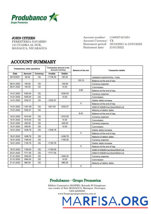 Blank Nicaragua Banco de la Producción bank statement word download for verification